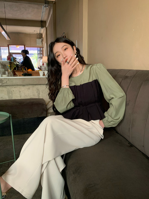 Ren Xiaoyi fake two-piece spliced ​​shirt with waistband for women 2024 new spring pleated shirt for small people short waisted top