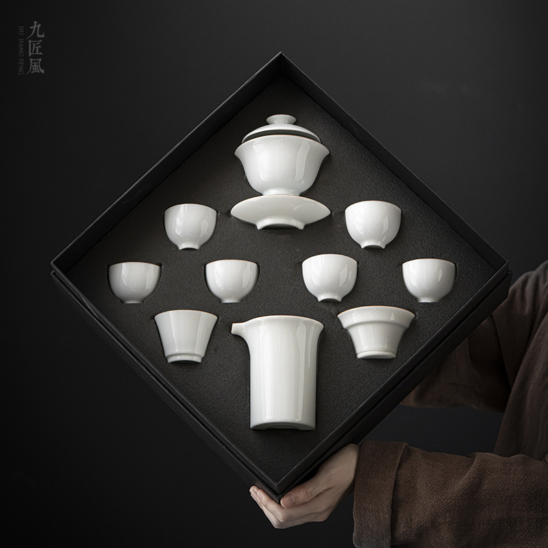 Nine - craft wind sweet glaze three to cover a whole set of household kung fu tea gift box white ceramic set can be customized