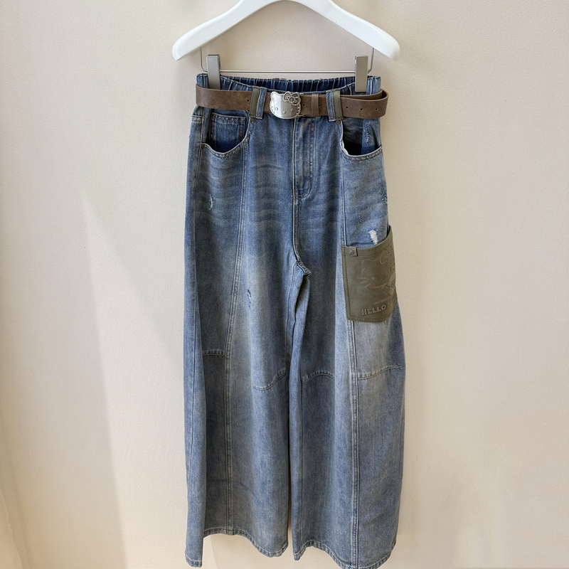 Rui 2026 Autumn New Designer Style Vintage Draped Contrast Color Pocket Wide-Leg Jeans Long Pants