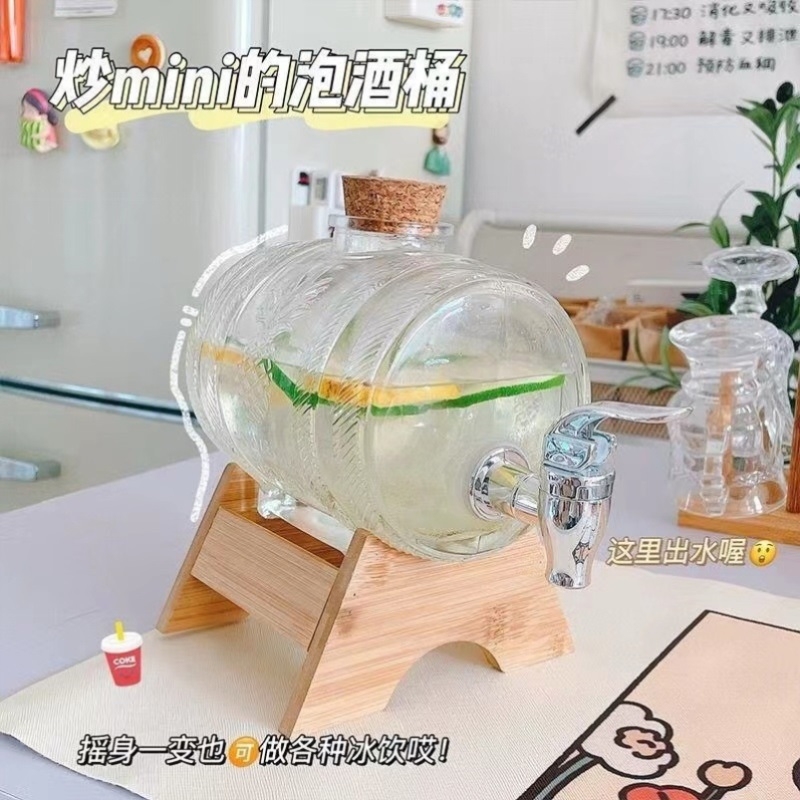 Cute Cold Water Jug with Faucet, Glass Bottle with Wooden Stand, Trendy Summer Household Glass Wine Bottle, Beer t