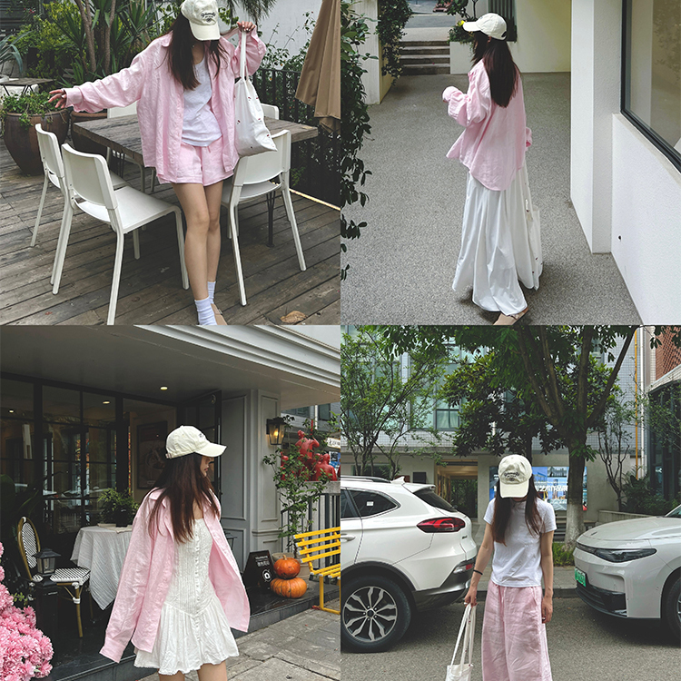 Sepwoo 100% Linen Pink Sun-Protective Shirt/Shorts/Pants Old Money Style Set for Women Summer Breathable Jacket