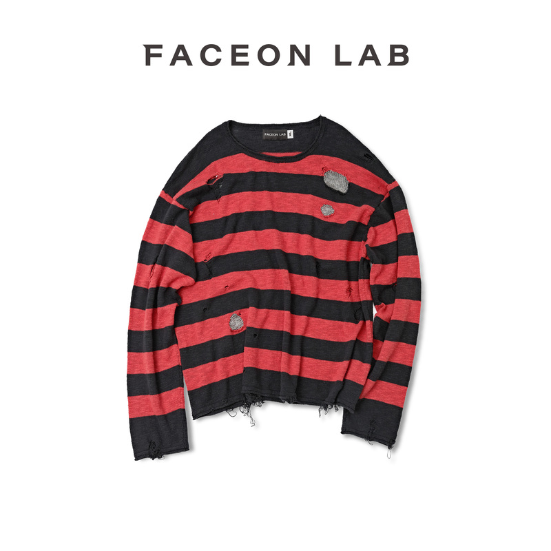 Faceonlab Wormhole Chain Knit Sweater Vintage Distressed Hip-Hop Striped Sweater Loose Versatile Lazy Style Long Sleeve Faceonlab Wormhole Chain Knit Sweater Vintage Distressed Hip-Hop Striped Sweater Loose Versatile Lazy Style Long Sleeve