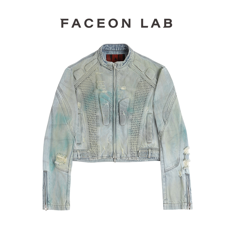 [Same Style as Wang Yixin] Faceonlab Light Blue Akira Denim Biker Washed and Faded Denim Jacket