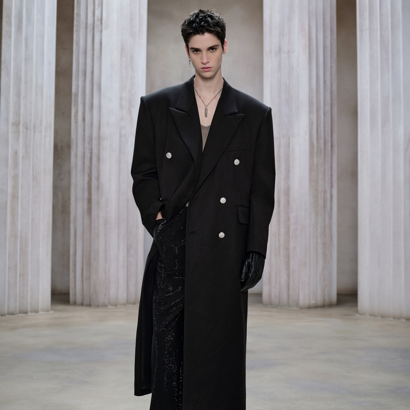 Faceon Original Silhouette Rain Night Long Coat Celebrity Style Coat with Shoulder Pads for Men