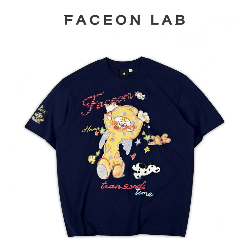 Faceon Lab Happy Elf Cartoon Print Rhinestone Short Sleeve T-Shirt Loose Round Neck Pure Cotton Top Casual Style Faceon Lab Happy Elf Cartoon Print Rhinestone Short Sleeve T-Shirt Loose Round Neck Pure Cotton Top Casual Style
