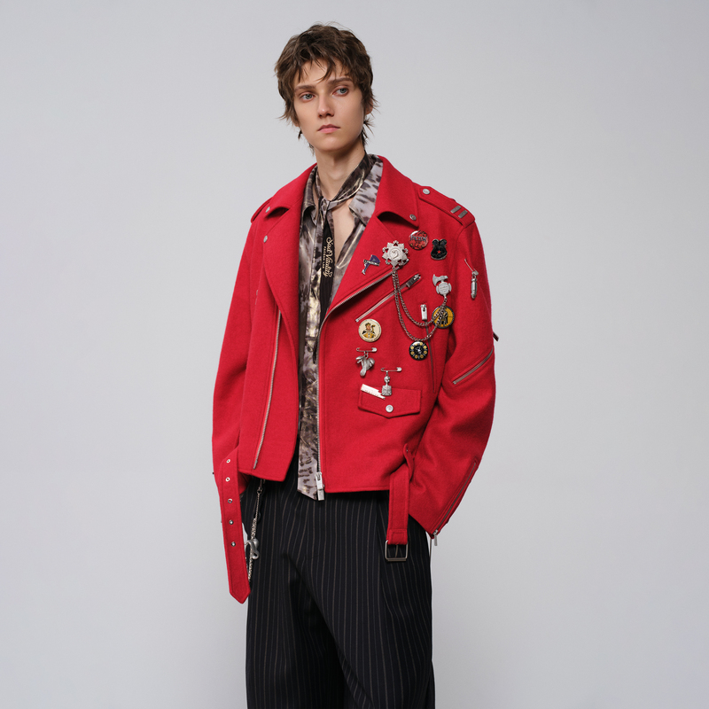 Faceonlab Fiery Red Woolen Motorcycle Jacket with Lapel, Red Metal Decoration, Short Badge Motorcycle Style Jacket Faceonlab Fiery Red Woolen Motorcycle Jacket with Lapel, Red Metal Decoration, Short Badge Motorcycle Style Jacket