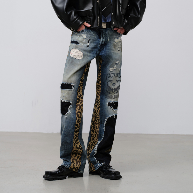 Faceonlab Leopard Print Patchwork Ripped Straight-Leg Distressed Vintage Scorpion Print Patch Destroyed Jeans Trousers