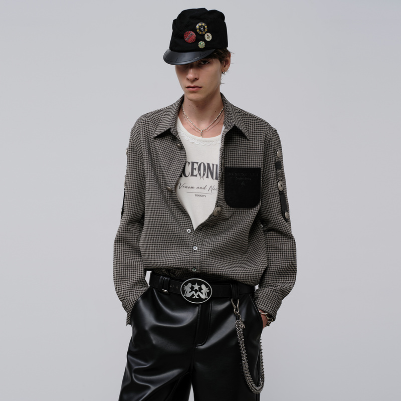 Faceonlab Original Design Double-Headed Sheep Print Baggolia Shirt  Vintage Style Loose Long-Sleeved Shirt