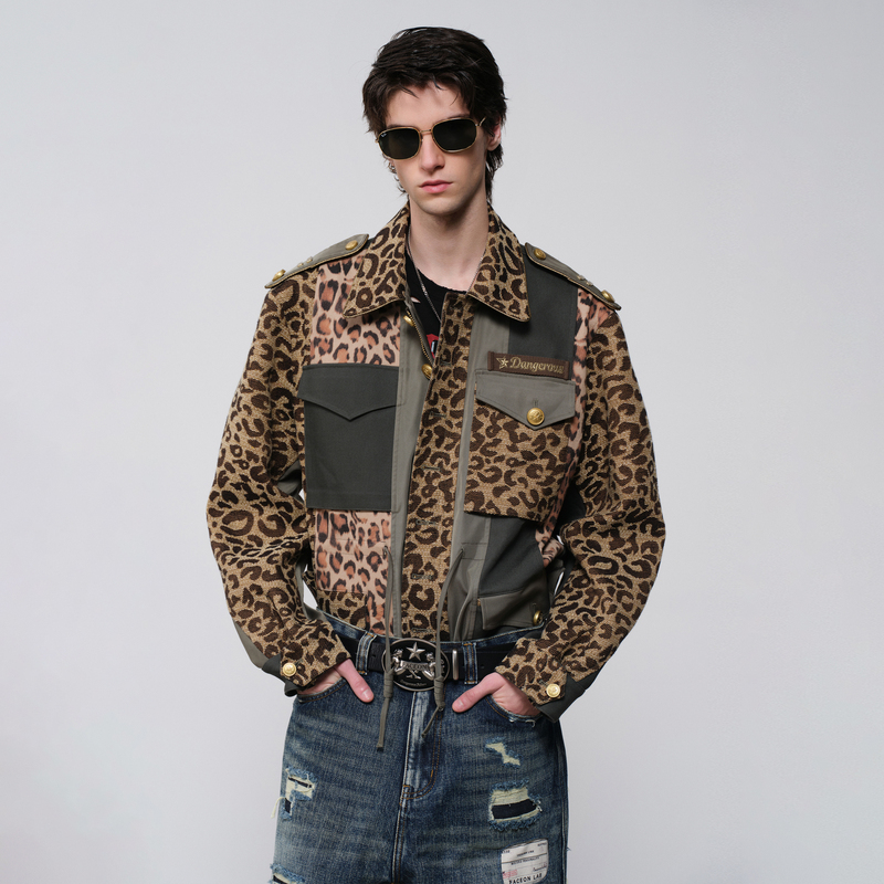 Faceonlab M51 Dragon and Tiger Fight Wild Leopard Print Patchwork Workwear Style Lapel Camouflage Long Sleeve Men's Jacket Faceonlab M51 Dragon and Tiger Fight Wild Leopard Print Patchwork Workwear Style Lapel Camouflage Long Sleeve Men's Jacket