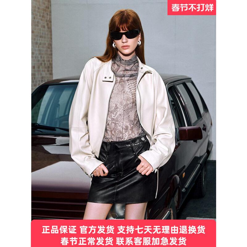 2025 Autumn New Style Sheepskin Stand Collar Drawstring Leather Jacket Cc35309050 2025 Autumn New Style Sheepskin Stand Collar Drawstring Leather Jacket Cc35309050