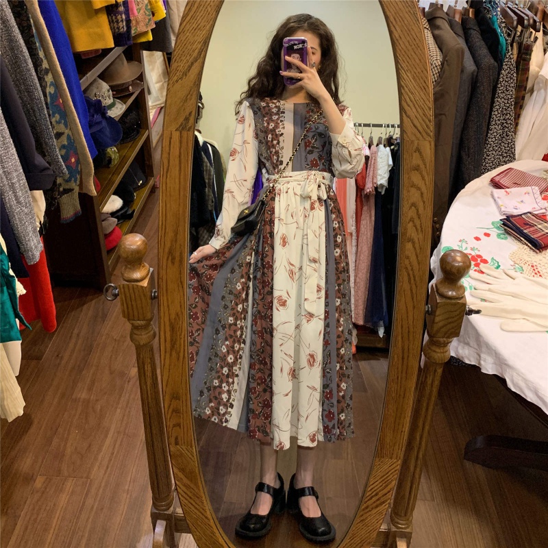 2021 spring new Korean style French waist design mid-length skirt stitching long retro floral dress women