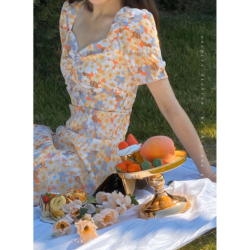 2021 Spring new Korean version in long dress Dress Temperament Cashew Slim Dress Fashion Printed Shiny Tea Hysteria