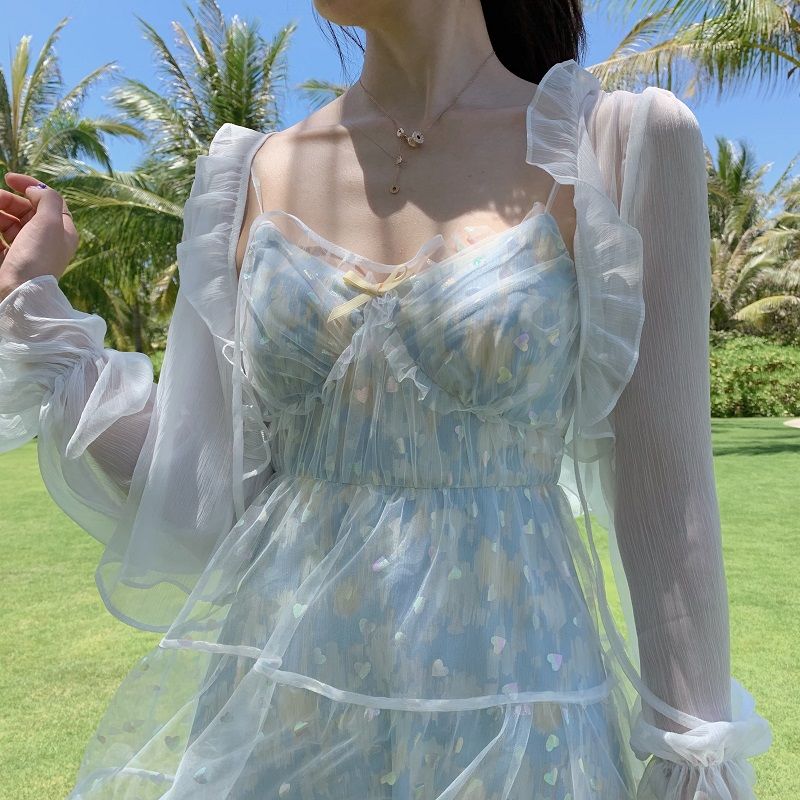 2021 spring suit fairy fungus edge mesh thin chiffon cardigan with slim waist suspender skirt two-piece set