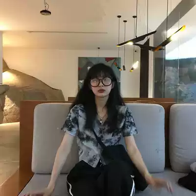 2021 spring new Korean shirt antiquated heavy industry ink tie-dyed T-shirt shirt loose Joker top female ins