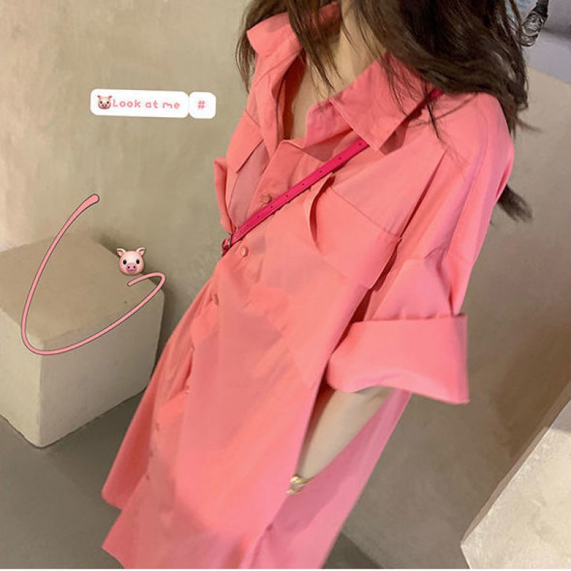Spring 2021 New Korean Version Slim Midi Skirt Polo Collar Design Casual Lazy Wind Shirt Dress Dress