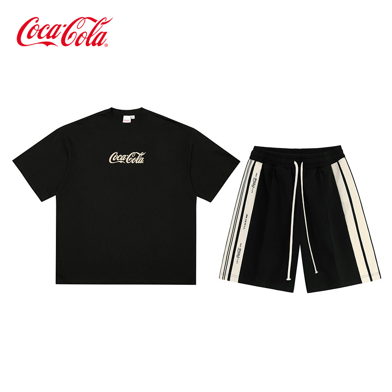 Coca-Cola/Coca-Cola Printed Casual Short-Sleeved T-Shirt and Striped Loose Shorts Set, Same Style for Men and Women