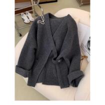 Gray v-neck oblique buttoned raccoon velvet mid-length sweater for women in autumn and winter with thickened lazy style design for niche outer wear