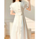 2023 summer new style French slit tea break skirt waist slimming white puff sleeve temperament gentle wind dress