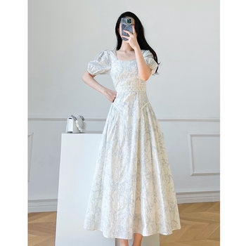 2023 Summer New French Retro Tea Break Skirt Slim Waist Slim Puff Sleeve Temperament Gentle Wind Square Neck Dress