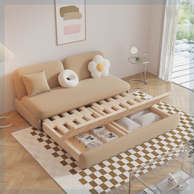 Solid wood small apartment bedroom living room ins style push-pull dual-use multi-functional storage foldable sofa bed