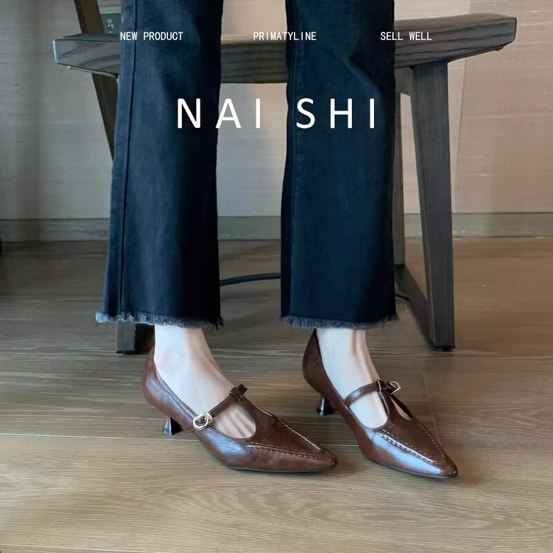 European and American Style Pointed-Toe High-Heeled Shoes for Women, Retro and High-End, with T-Strap Buckle, Suitable for Commuting, Kitten Heel, New Spring and Autumn Models