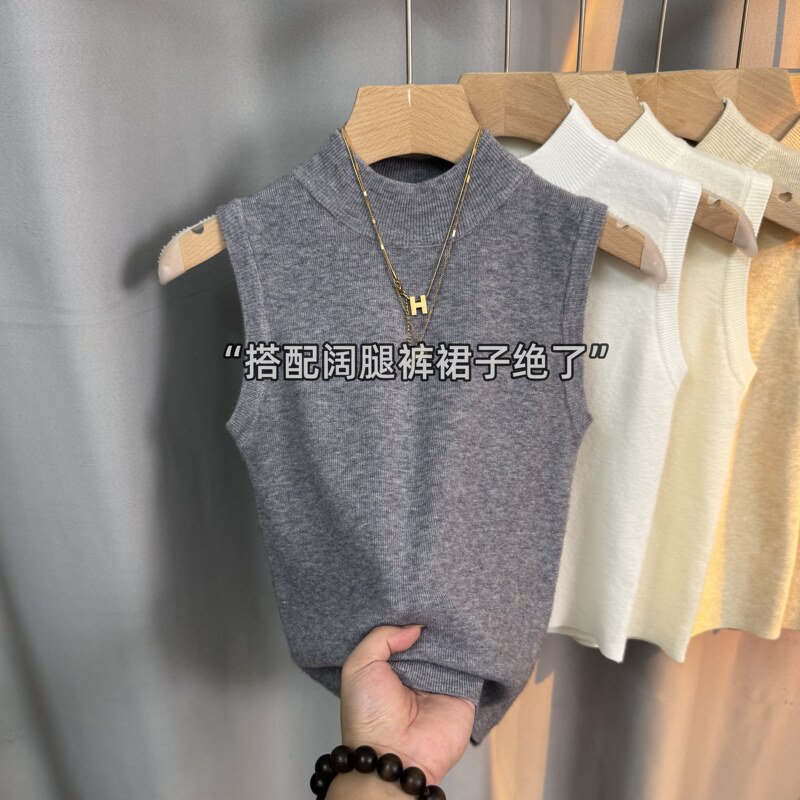 High-End Gray Half-High Collar Knitted Vest for Women, New Autumn and Winter Korean Style, Versatile Sleeveless Inner Top High-End Gray Half-High Collar Knitted Vest for Women, New Autumn and Winter Korean Style, Versatile Sleeveless Inner Top