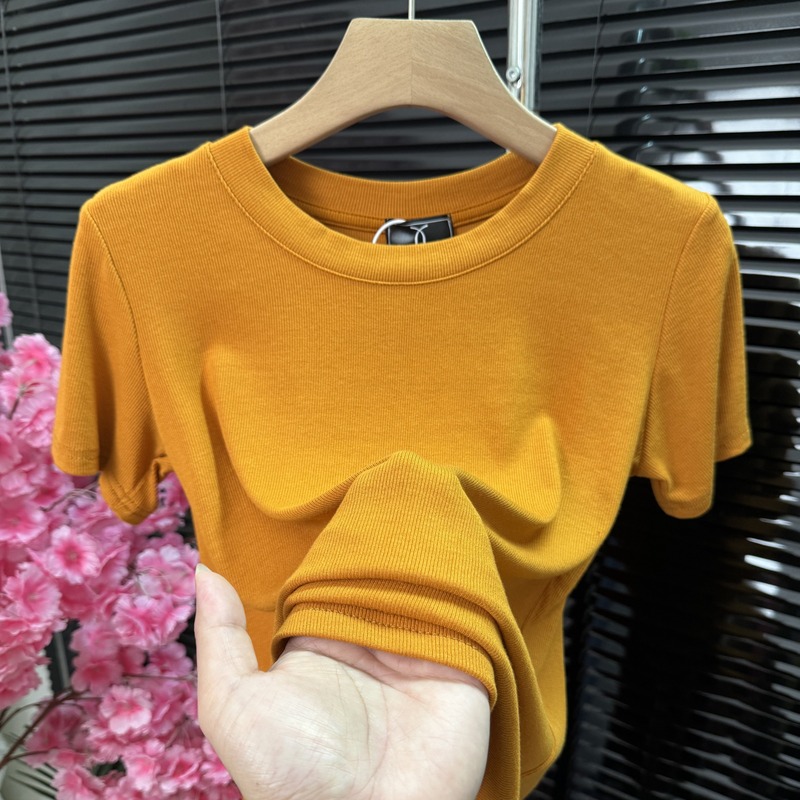 Pumpkin Orange Round Neck Ribbed Short-Sleeve T-Shirt for Women, Summer Fashion Versatile Slimming Casual Base Shirt Top Trendy