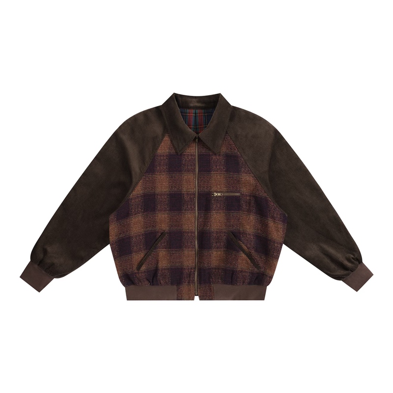 August Rain|Miu Style Old Money Style Plaid Patchwork Corduroy Lapel Bomber Jacket August Rain|Miu Style Old Money Style Plaid Patchwork Corduroy Lapel Bomber Jacket