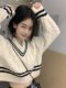 学院风撞色V领麻花毛衣女秋冬宽松慵懒软糯针织衫高级感短款上衣