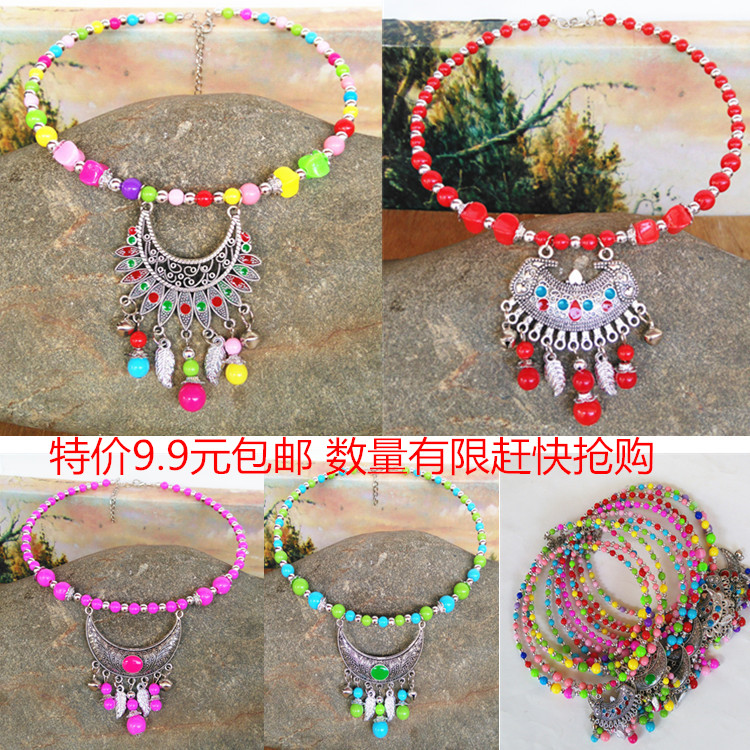 Hot selling ethnic style retro old Miao silver pendant necklace embellishment colorful beads necklace collarbone chain sweater chain