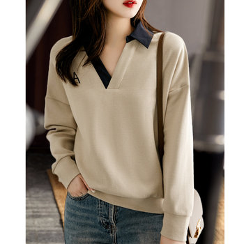 Embroidered color-blocking lapel sweater 2022 autumn new casual all-match ins wind loose cotton sports top women