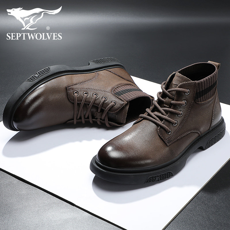 Septwolves men's shoes leather high-top leather shoes men's 2022 autumn new casual Martin shoes mid-tube tooling boots