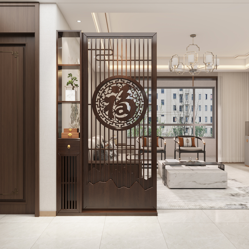 New Chinese-Style Solid Wood Screen Partition for Living Room 2026 New Model Entrance Cabinet with Fortune Character and Storage Shelf