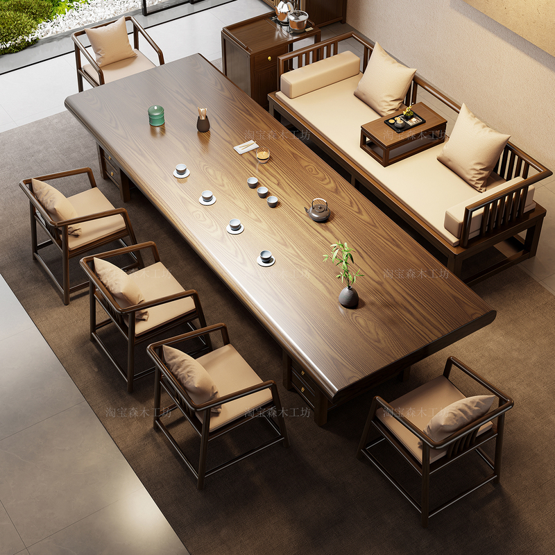 Walnut Wood Log Luohan Bed Tea Table and Chair Set, New Chinese Style Solid Wood Large Board Office Tea Table Integrated Tea Drinking Table Walnut Wood Log Luohan Bed Tea Table and Chair Set, New Chinese Style Solid Wood Large Board Office Tea Table Integrated Tea Drinking Table