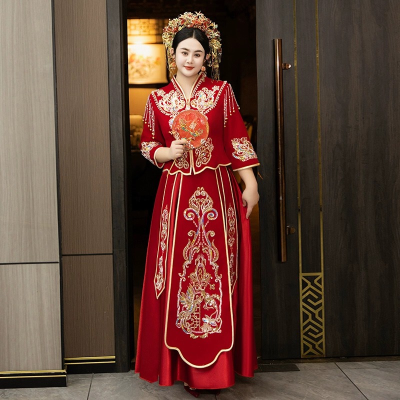 Xiuhe-Style Wedding Dress 2026 New V-Neck Toast Dress Plus Size for Chubby Women 100kg Low-Neck Departure Dress Slimming Wedding Gown