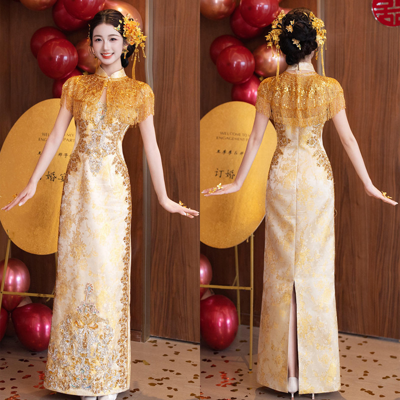 Champagne Gold Qipao Bridal New Chinese-Style Engagement Dress 2026 New Model Toast Dress Homecoming Dress Banquet Shawl Style