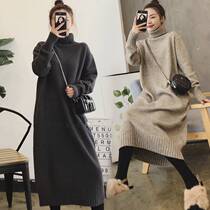 Winter new fat plus size Korean version of high collar long sweater womens fat MM thick loose over knee dress