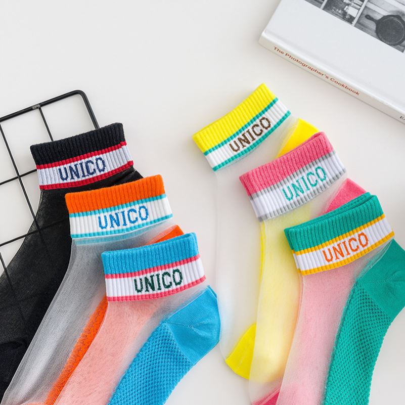 Color crystal alphabet socks glass silk mid-tube socks pure cotton bottom summer Western style transparent net red Japanese socks thin section