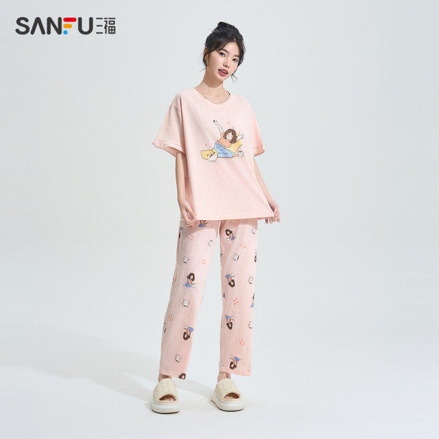 Sanfu Pajamas Set ຂອງແມ່ຍິງພາກຮຽນ spring ຄໍ Round ມ່ວນງາມກາຕູນ Loose Short-Sleeved Home Clothes Summer 479807