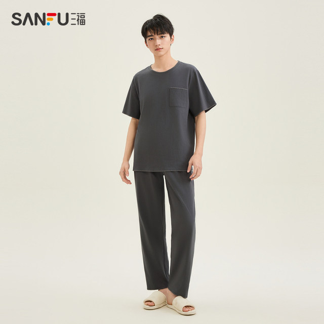 Sanfu men's spring hem pattern antibacterial pajamas set simple neck round-sleeved home clothes for men 480128