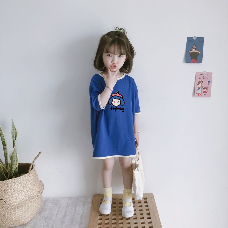 Pure cotton loose version with long version girl foreign dress short sleeve T-shirt dress cute parquet child summer dress pyjamas