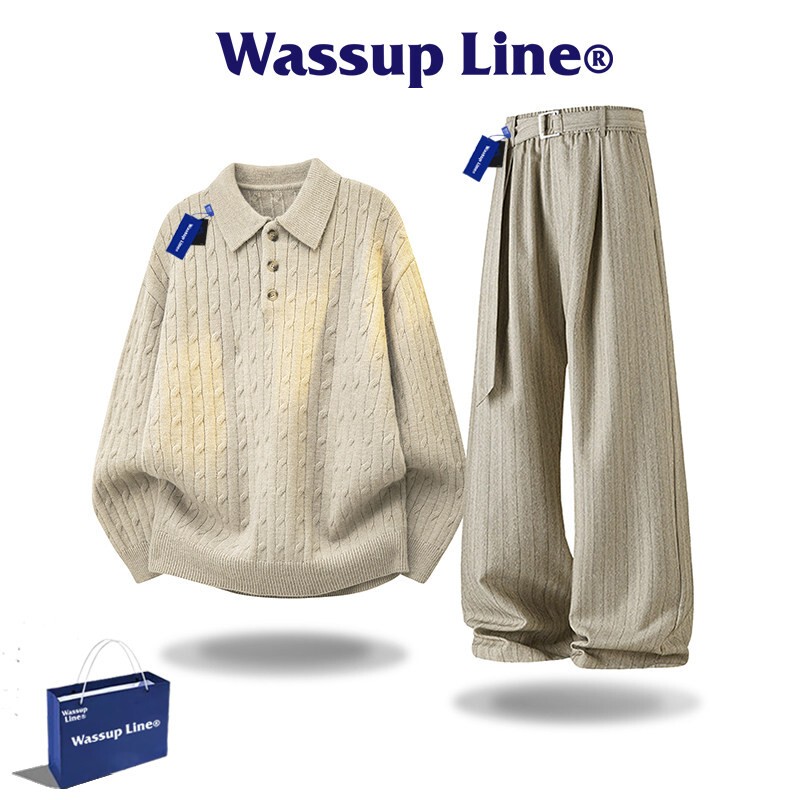 Wassup Line Trendy Brand Suit Men's Old Money Style Knitted Sweater Autumn Long-Sleeved Sweatshirt and Long Pants Two-Piece Set Wassup Line Trendy Brand Suit Men's Old Money Style Knitted Sweater Autumn Long-Sleeved Sweatshirt and Long Pants Two-Piece Set