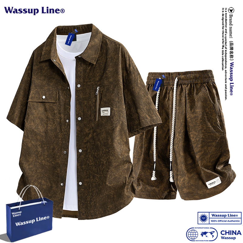Wassup Line Trendy Summer Tie-Dye Casual Suit for Men, Loose Short-Sleeved Shirt, Large Size Shorts Two-Piece Set