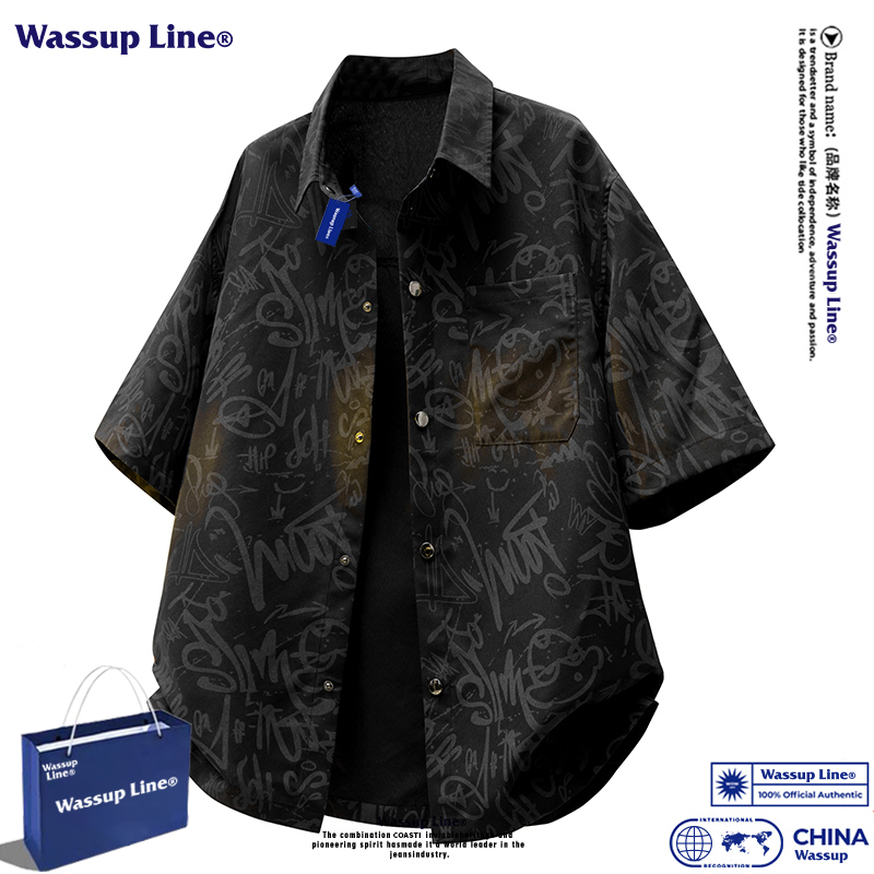 Wassup Line Trendy Brand Summer All-Over Print Short-Sleeve Shirt for Men, Loose Fit, Versatile, Breathable, Casual, Plus Size Top Wassup Line Trendy Brand Summer All-Over Print Short-Sleeve Shirt for Men, Loose Fit, Versatile, Breathable, Casual, Plus Size Top