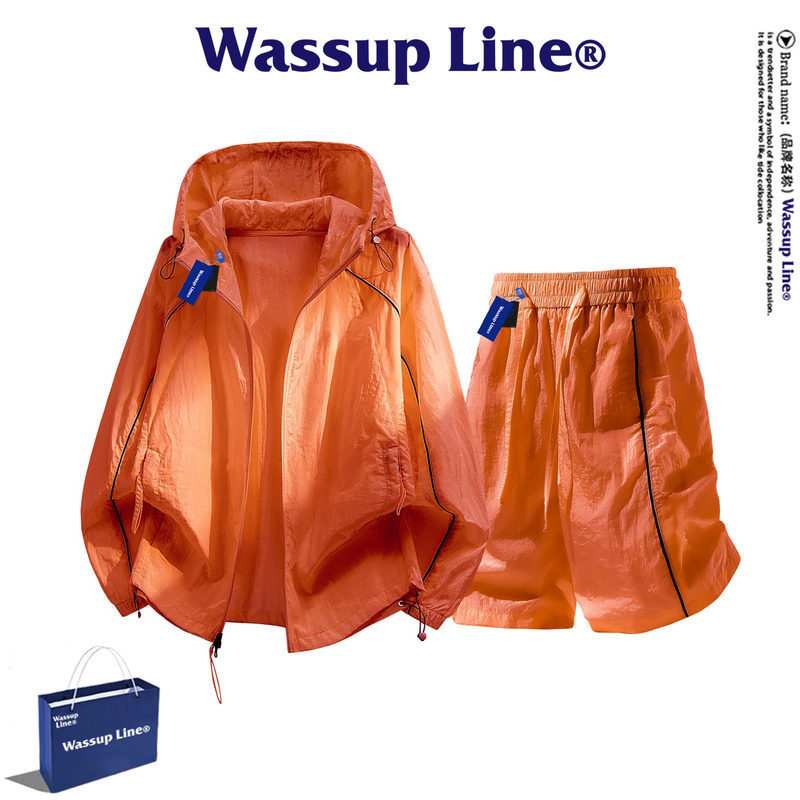 Wassup Line Trendy Outdoor Sun Protection Suit for Men, Summer Hooded Skin Jacket and Five-Point Pants Casual Two-Piece Set