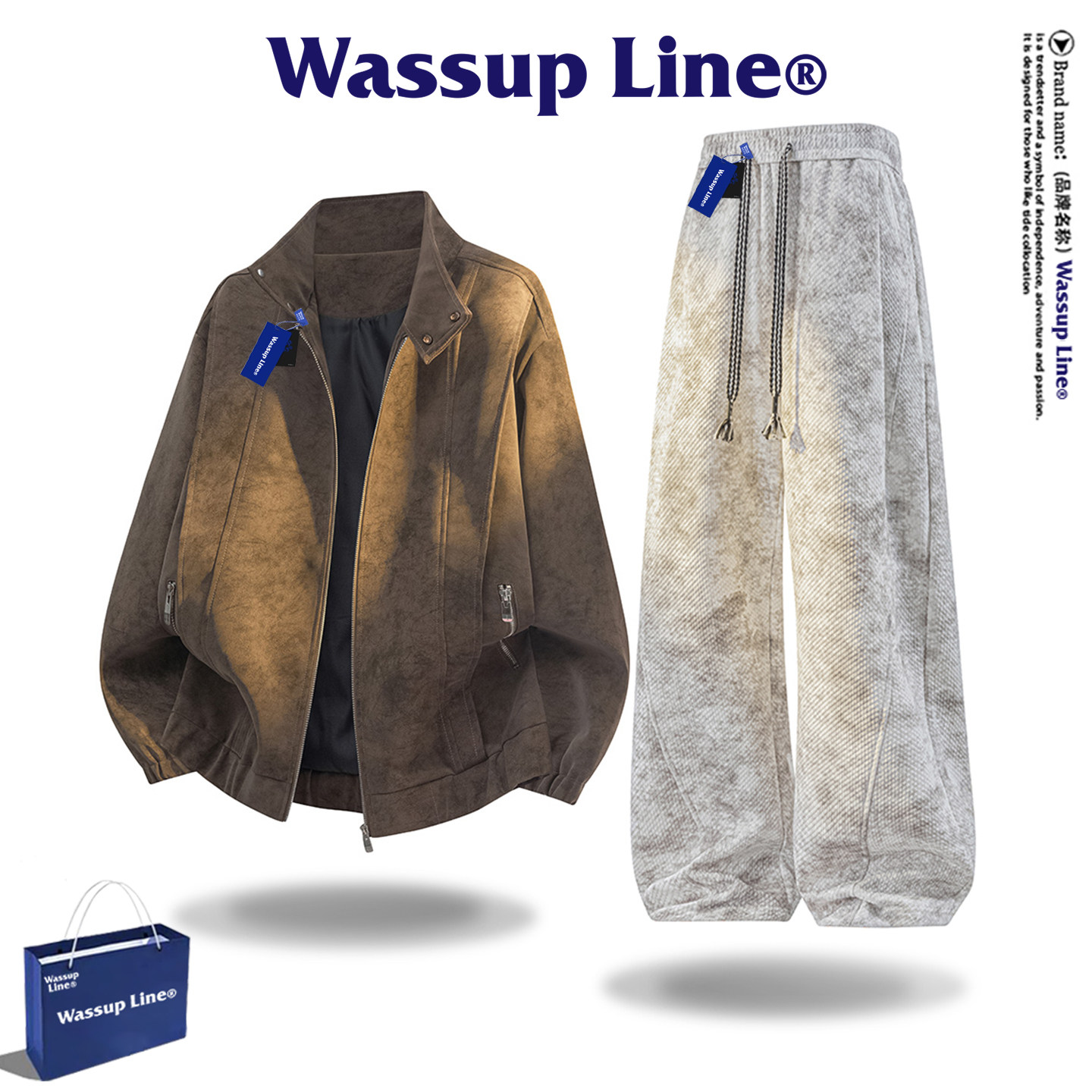 Брендовая куртка из искусственной кожи WASSUP Line tide, мужская куртка-американка в стиле ретро, осенние брюки, костюм-двойка Изображение 1