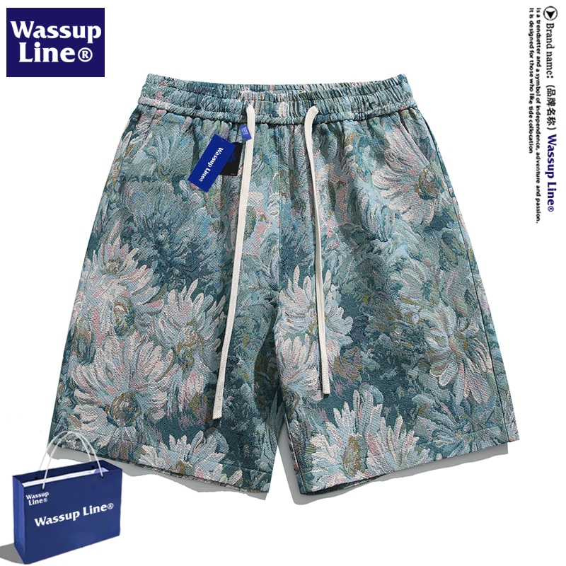 Wassup Line Trendy Brand Men's Summer Shorts with Retro Creative Patterns, Fashionable Loose Fit, Versatile Casual Shorts
