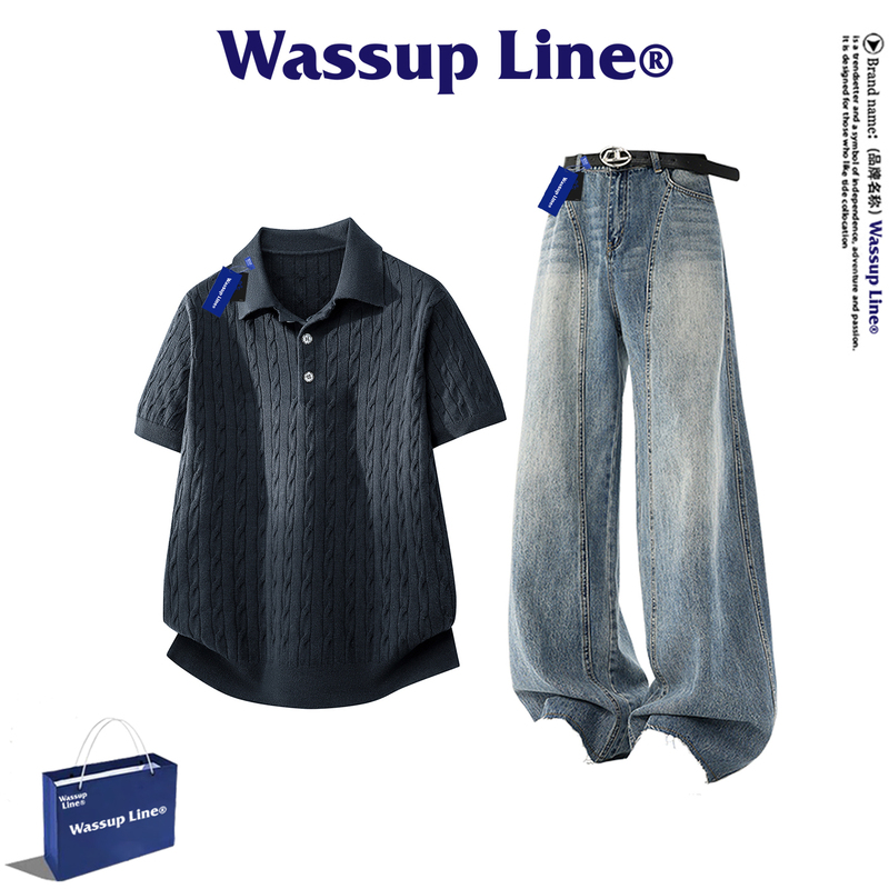 Wassup Line Trendy Casual Versatile Suit for Men, Summer Knitted Short-Sleeved T-Shirt and Denim Long Pants Two-Piece Set Wassup Line Trendy Casual Versatile Suit for Men, Summer Knitted Short-Sleeved T-Shirt and Denim Long Pants Two-Piece Set