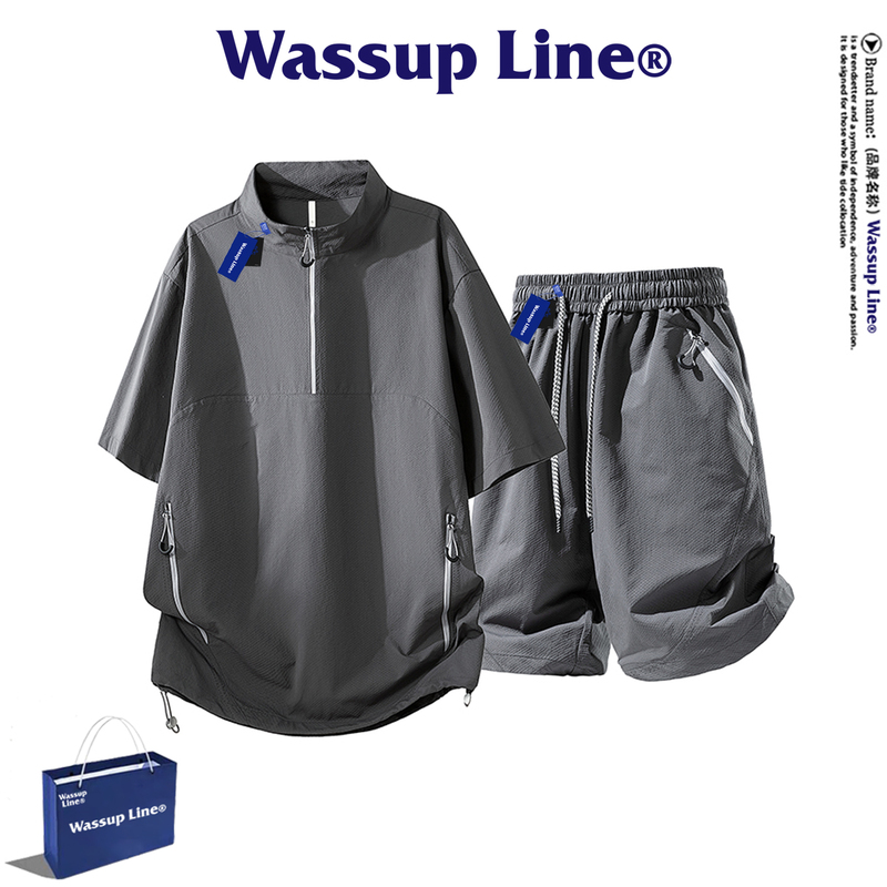 Wassup Line Trendy Sports Style Suit for Men, Summer Half-Zip Stand Collar Short-Sleeve T-Shirt and Five-Point Shorts Two-Piece Set