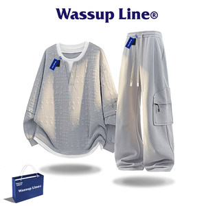Wassup Line Trendy Brand Fake Two-Piece Sweatshirt Set for Young Men, Autumn Lazy Style Long-Sleeved Casual Two-Piece Set